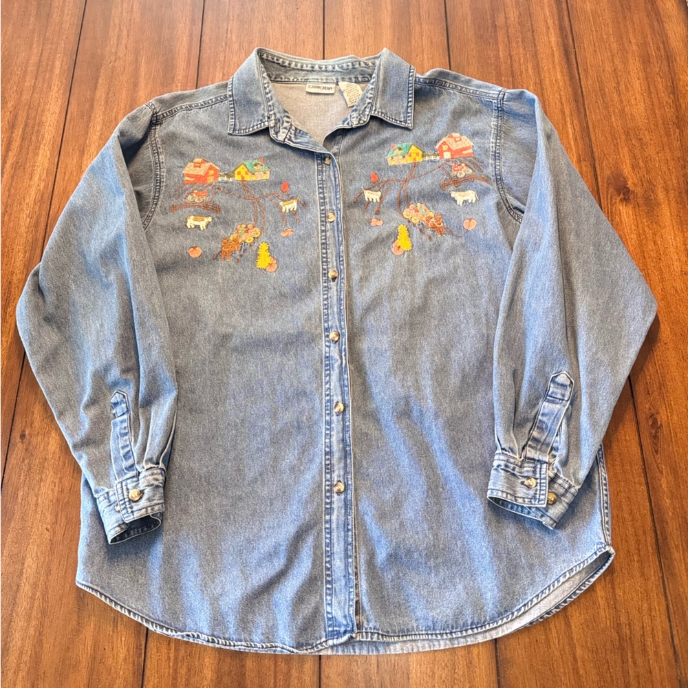 Cabin Creek Women’s Vintage Fall Themed Farm Embroidered Denim Button Down Large
